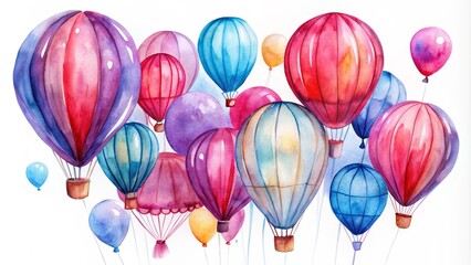 Obraz premium Vibrant hand-drawn watercolor air balloons in shades of pink, blue, purple, and red float freely on a crisp white background, perfect for celebratory designs.