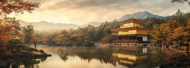 Golden Pavilion Reflecting in a Misty Lake at Sunrise