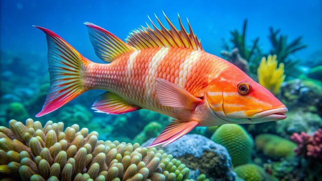 Vibrant hogfish with bright orange and white stripes, coral-like markings, and pronounced snout, swims in clear turquoise water amidst seaweed and ocean floor debris.