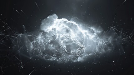 A thunderous flash of lightning occurs in the middle of an empty dark space, creating the effect of shining white light on dramatic black clouds and highlighting the energy and power