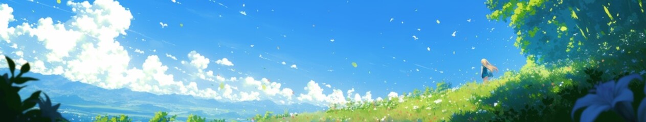 Fototapeta premium Enchanting Anime-style Lily Paradise: Breathtaking Spring Landscape with Vibrant Blue Sky and Delicate Flowers. Perfect for 4K Wallpapers, Game Illustrations, Book Visuals, and Creative Marketing. Dre