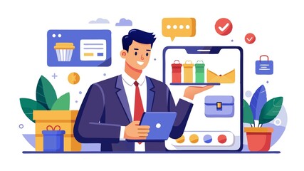 Fototapeta premium Online stores offer competitive prices, allowing this businessman to find the perfect product at the perfect price.