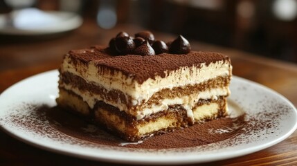 A tempting shot of a traditional Italian tiramisu, with layers of coffee-soaked ladyfingers and creamy mascarpone.