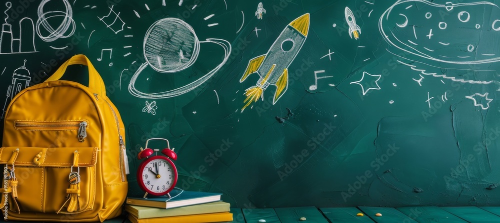 Aufkleber Create a stimulating learning environment for students with a blackboard showcasing space drawings, a backpack, and books, embracing the backtoschool concept with creativity and education