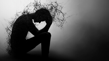 Monochrome artistic representation of mental health problems, a person suffering from depression, anxiety, trauma, PTSD., landscape 16:9 with copy space