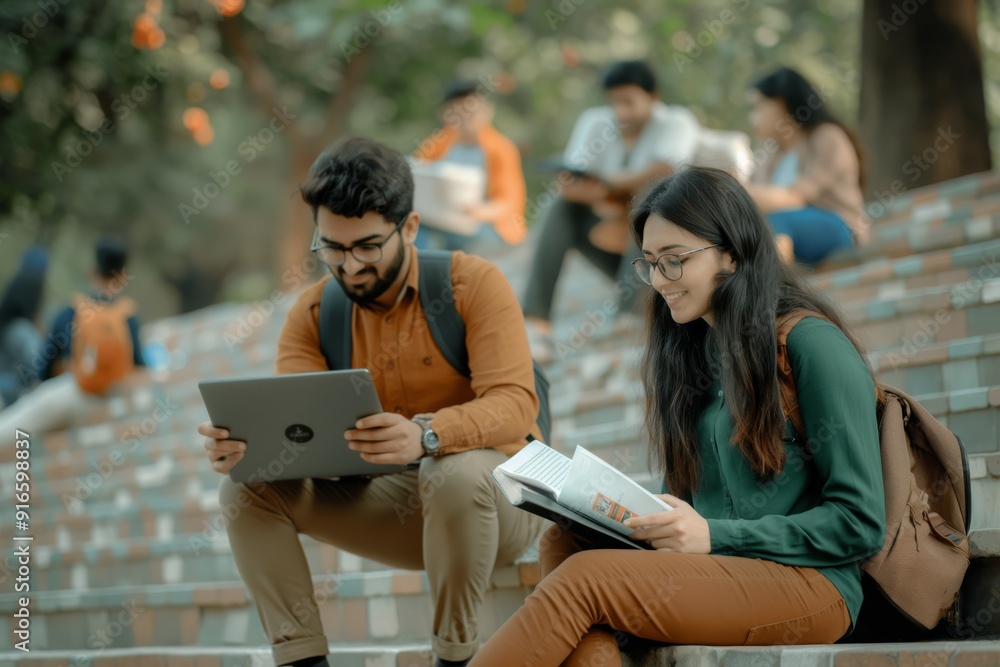 Aufkleber A group of students is studying in the university courtyard using a laptop and reading books. They focus on education, teamwork, and intellectual development in a serene outdoor environment