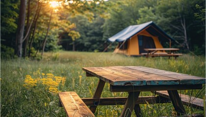 Empty picnic table inviting campers enjoying sunset over forest