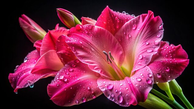 Vibrant pink gladiolus flower bloom glistens with delicate, suspended water droplets, showcasing intricate petals and stamens against a dramatic, high-contrast black background.