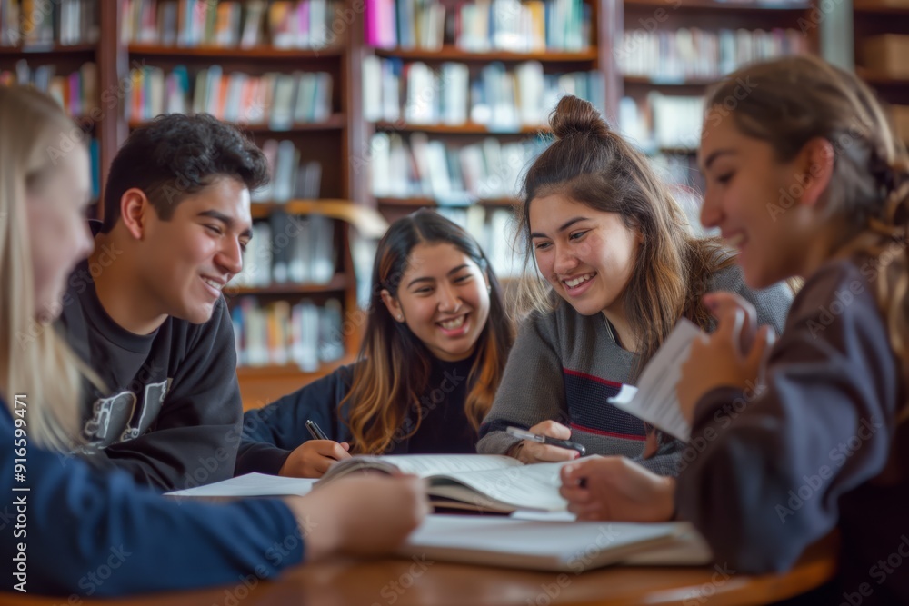 Poster a group of students collaborate in a library, focusing on academic pursuits, studying together with 
