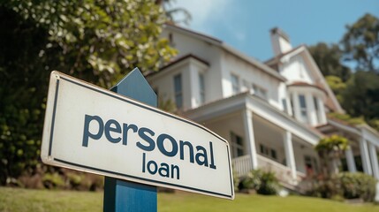 Fototapeta premium Personal Loan Sign in Front of a Beautiful House in a Scenic Neighborhood