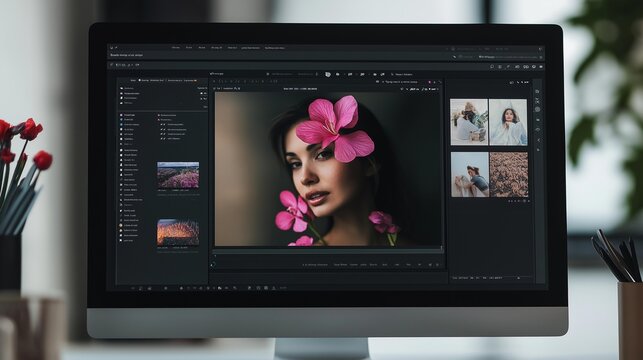 Editing photo and video Software Displayed on Clean Professional Desktop in Office Environment