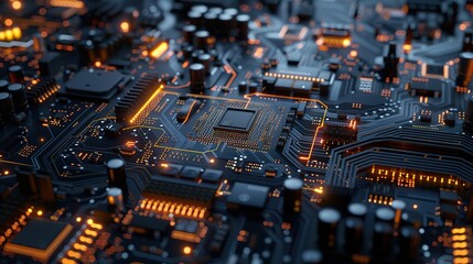 Circuit Board with Glowing Orange Lines