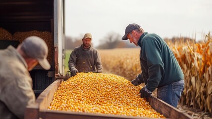 Farmers harvesting corn and loading it onto a truck in a golden field, showcasing teamwork and rural agriculture.