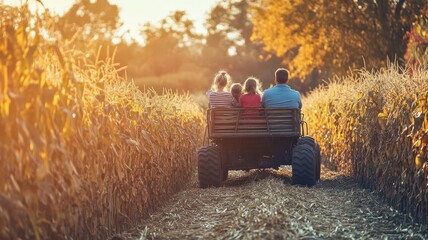 A family enjoys a tractor ride through a golden cornfield during a beautiful autumn evening, capturing joyful moments together.