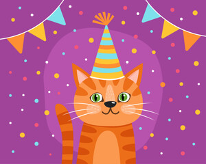 Portrait of a cute curious cat in a festive cap. Orange tabby cat with green eyes. Purple background, multicolored confetti, garlands. Birthday card. Cute cartoon illustration.