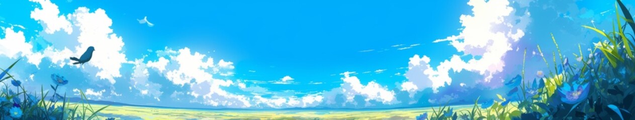 Fototapeta premium Enchanting Anime-style Orchid Paradise: Dreamy Spring Landscape with Vibrant Blue Sky and Delicate Flowers. Ideal for 4K Wallpapers, Game Illustrations, Book Visuals, and Creative Marketing. Perfect N