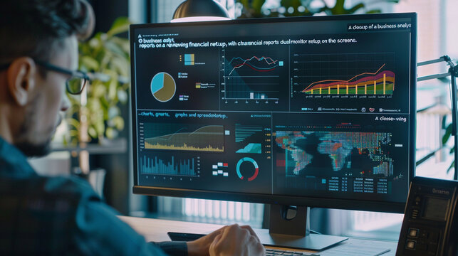 A close-up of a business analyst reviewing financial reports on a dual-monitor setup, with charts, graphs, and spreadsheets on the screens." - Powered by Adobe