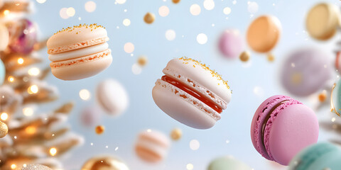 Festive Christmas Background with Floating Macarons