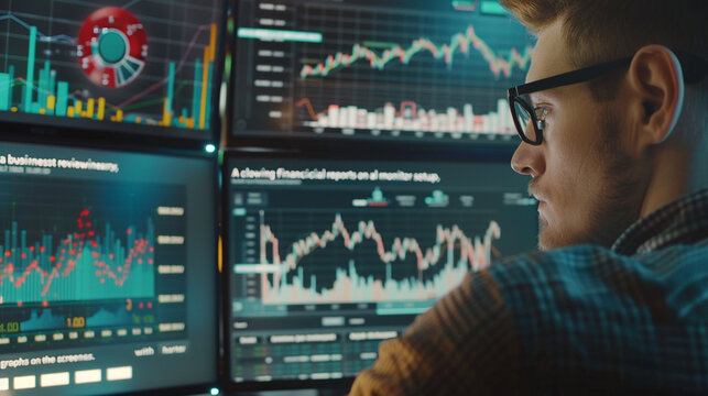 A close-up of a business analyst reviewing financial reports on a dual-monitor setup, with charts, graphs, and spreadsheets on the screens."