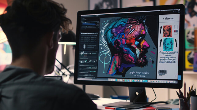 "A close-up of a graphic designer working on a computer, with design software on the screen, colorful sketches, and art supplies spread out on the desk."