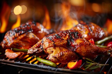Naklejka premium Juicy roasted chicken with vegetables on a flamed grill, set against a blurred steakhouse background for a delectable and appetizing look