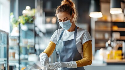 A young woman wearing a mask prepares food in a modern cafe, showcasing hygiene and safety in a friendly environment.