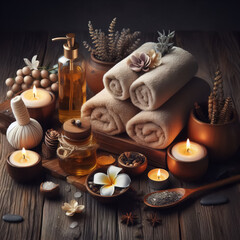 Obraz premium Beautiful Spa still life with aromatic candles and flowers on a wooden background