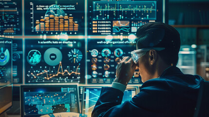 A close-up of a researcher analyzing data, with scientific charts, graphs, and detailed reports on display in a well-organized office.
