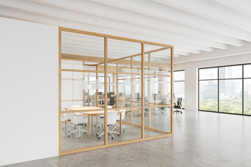 Office interior with coworking and glass meeting room, panoramic window