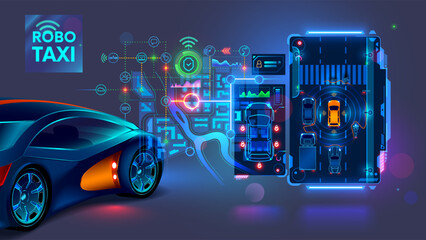 Autonomous vehicle car or taxi technology concept. Autonomous car futuristic interface with vehicle system information, map city, virtual dashboard. AI controls robotics automotive taxi of smart city. © AndSus