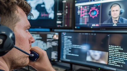 Fototapeta premium A close-up of a technical support specialist assisting a client over the phone, with multiple monitors displaying diagnostic tools and information.