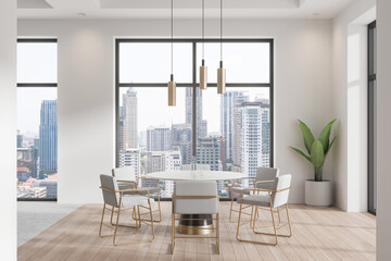 Cozy home living room interior with eating table and chairs, panoramic window