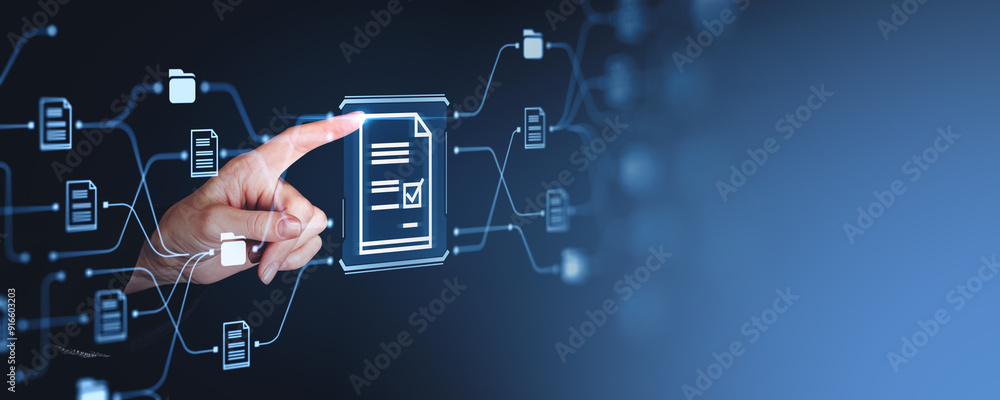 Poster digital document management with a futuristic interface on a blue background.