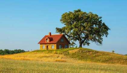 Obraz premium Small stone cottage standing on hill under oak tree in summer