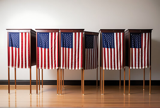 american flag draped traditional wooden voting booth diverse group people lined cast votes