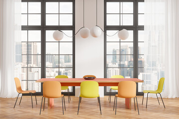 Modern conference room with colorful chairs and cityscape view. 3D Rendering