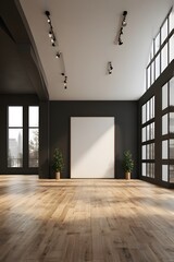 Obraz premium Modern empty gallery interior with mock up place on dark wall, wooden, flooring and windows with daylight.