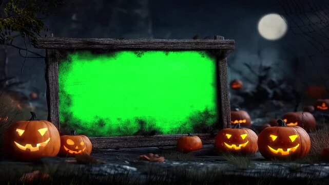Spooky Halloween Scene with Jack-O'-Lanterns pumpkin and Wooden green screen, Halloween pumpkin decoration in the night, video frame green screen, animation background