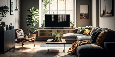 Beautiful Spacious living room with corner sofa and modern TV set in daylight