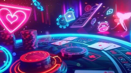 Neon Casino Table with Chips and Cards