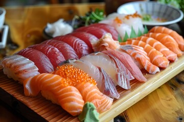 Fresh sashimi in a traditional Japanese restaurant, arranged on a wooden platter, with authentic Japanese decor and ambiance
