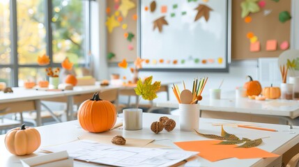 A lively classroom during fall, with a projector displaying craft ideas, and students immersed in their autumn-themed projects