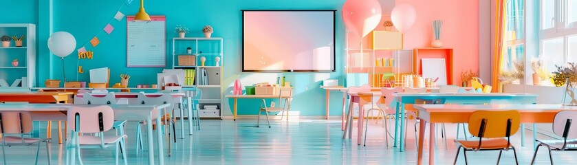 A vibrant autumn classroom with a projector showing creative craft ideas, students working on colorful decorations