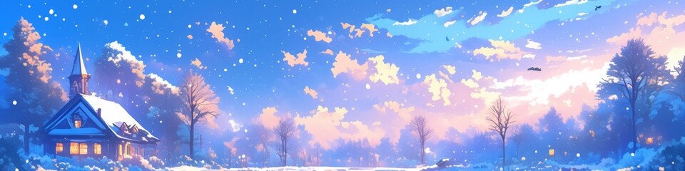 Obraz premium Enchanting Anime-style Winter Wonderland: Serene Snowy Landscape with Magical Holiday Atmosphere. Perfect for 4K Wallpapers, Game Illustrations, Book Visuals, and Creative Marketing. Ideal Backdrop fo