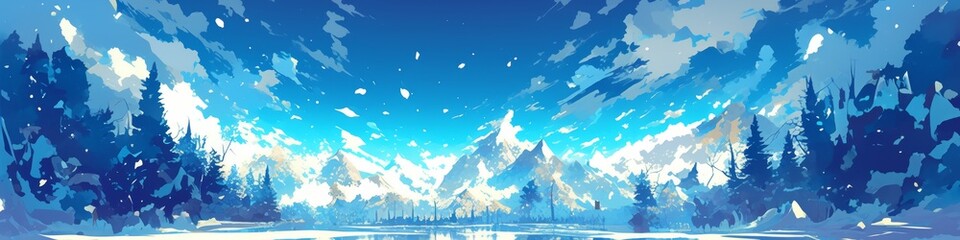 Obraz premium Enchanting Anime-style Winter Wonderland: Serene Snowy Landscape with Magical Holiday Atmosphere. Perfect for 4K Wallpapers, Game Illustrations, Book Visuals, and Creative Marketing. Ideal Backdrop fo