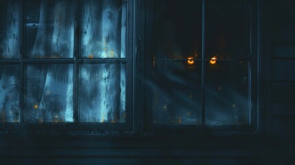 A terrifying creature was peeking out in the dark night, peeking out of the cupboard door, with glowing eyes and a sinister atmosphere.