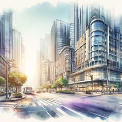 Modern city street, watercolor painting