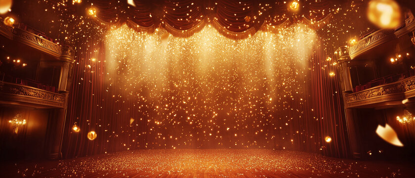 Red stage curtain in theatre background with illuminated by bright lights and gold confetti falling.
