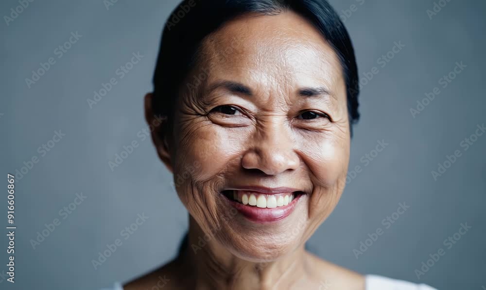 Wall mural Portrait of a smiling middle-aged Asian woman on a gray background