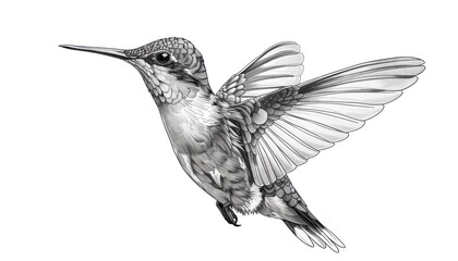 Obraz premium Hummingbird flying with open wings black and white illustration